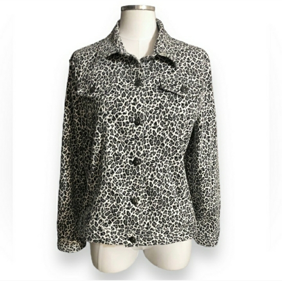 RUBY RD Grey Black Leopard Print Button Front Stretch Denim Jacket EUC! - Picture 8 of 9